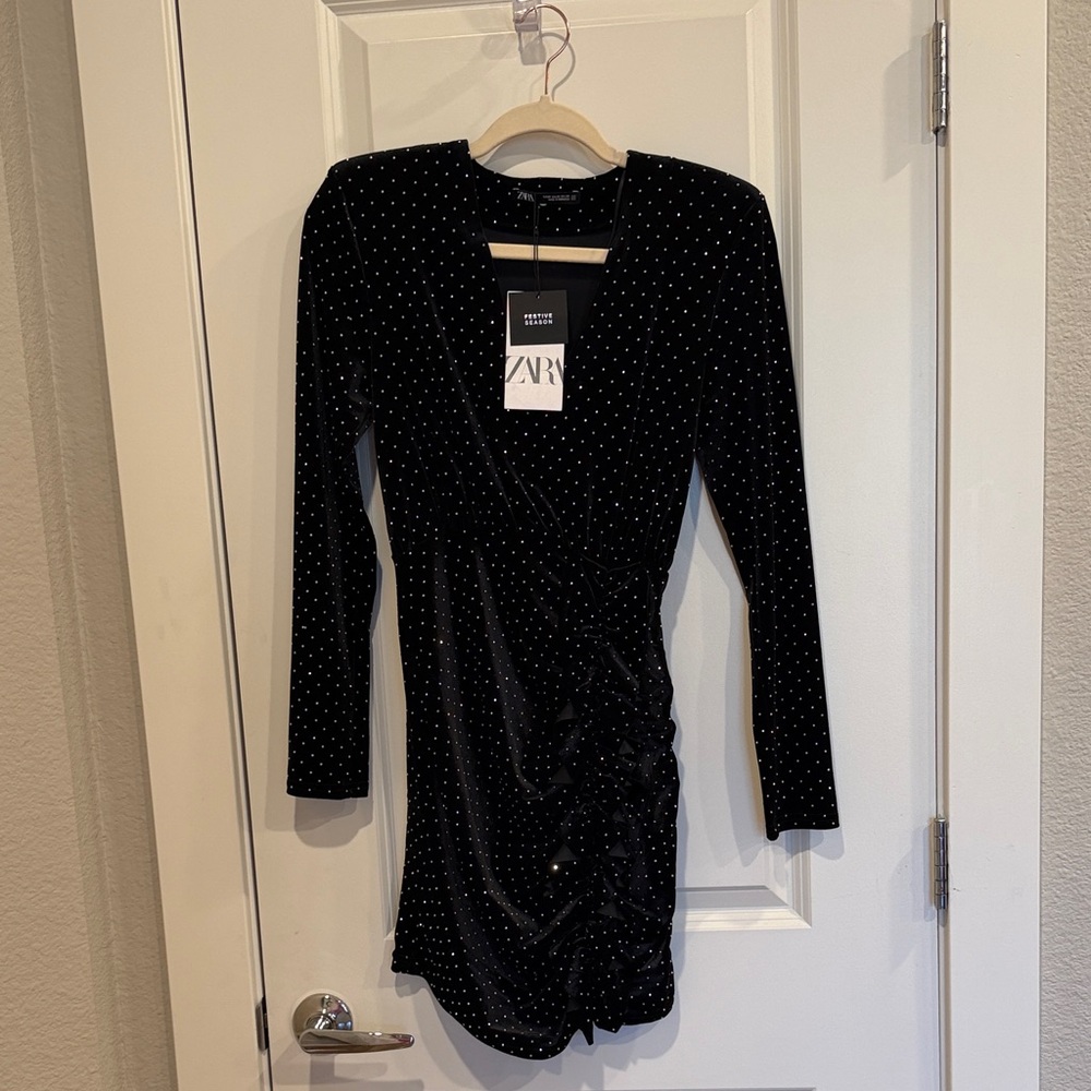 NWT- Zara Velvet Black Long Sleeve Dress with silver Dots